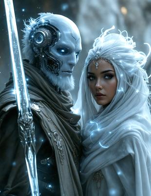 The primary subject of the image is a man and a woman standing close to each other. The woman is wearing a white veil, and the man is wearing a suit. The setting appears to be a futuristic environment, with the man holding a sword. The visual style of the image is a combination of photo and digital art, creating a unique and intriguing scene. The colors and mood of the image are predominantly white and silver, giving it a clean and elegant appearance.
